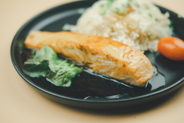 Salmon steak with rice