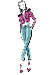 Fashion illustration of a young beautiful woman in ink and watercolor. Fashion illustration of a model posing, isolated on white