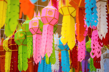 Nakhon Nayok, Thailand - January, 01, 2022 : Colorful hanging lanterns lighting In the Chulaphon Temple in Nakhon Nayok, Thailand