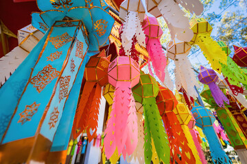 Nakhon Nayok, Thailand - January, 01, 2022 : Colorful hanging lanterns lighting In the Chulaphon Temple in Nakhon Nayok, Thailand © bubbers