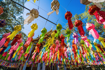 Nakhon Nayok, Thailand - January, 01, 2022 : Colorful hanging lanterns lighting In the Chulaphon Temple in Nakhon Nayok, Thailand