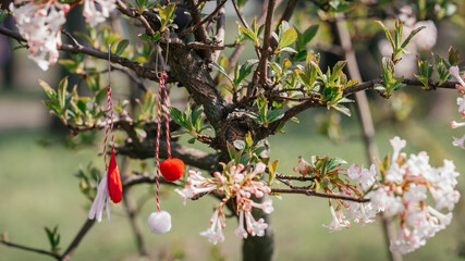 Obraz premium Red and white beautiful martisor hanging on the branches of the blooming tree.