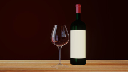 3D Red wine one bottle with blank  white label and wine glass on dark red background with copy space