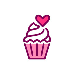 Cupcake with a heart on a frosting. Cute romantic dessert. Pixel perfect, editable stroke color icon
