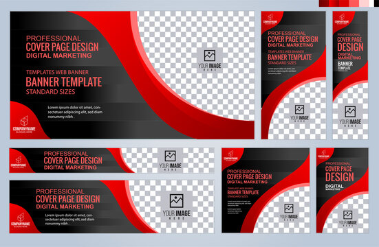 Set of Red and Black Web banners templates, Coverpage Standard sizes with space. Vector illustration