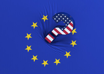 Question mark with the English flag, on European Union flag. International relation concept.  Horizontal composition with copy space. Isolated with clipping path.