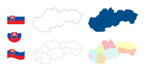 Slovakia map. Detailed blue outline and silhouette. Administrative divisions and kraje, regions. Country flag. Set of vector maps. All isolated on white background. Template for design. - obrazy, fototapety, plakaty