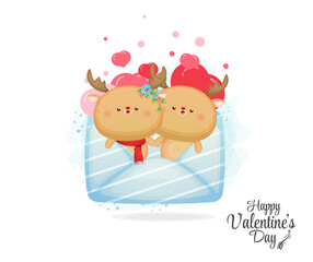 Cute envelope with deer couple inside. Cute valentine element cartoon character