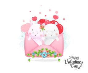 Cute envelope with hippo couple inside. Cute valentine element cartoon character