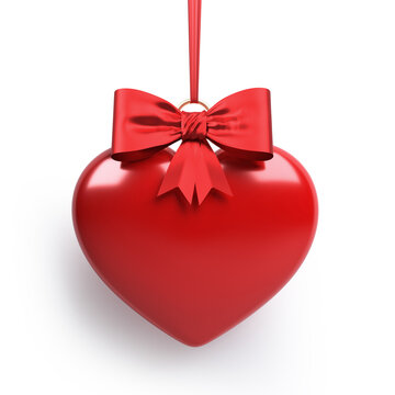 Red-colored ribbon and empty heart shape. On white-colored background. Square composition with copy space. Isolated with clipping path.