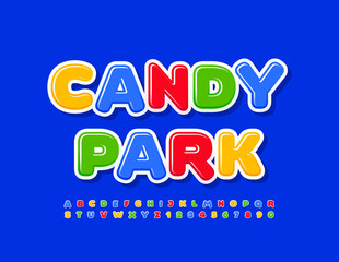 Vector creative poster Candy Park. Colorful cute Font. Alphabet Letters and Numbers set for Kids