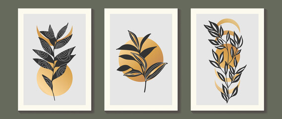 Fototapeta na wymiar Gold Botanical wall art vector set. Earth tone boho foliage line art drawing with abstract shape. Abstract Plant Art design for print, cover, wallpaper, Minimal and natural wall art.