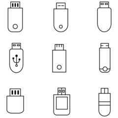 Set of linear icons related to USB storage flash drives2