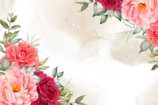 Elegant Watercolor Floral Background Design with Hand Drawn Peony and Leaves