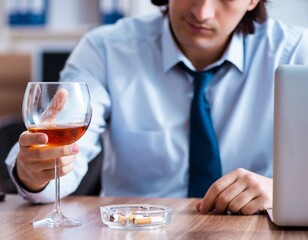 Male employee drinking alcohol and smoking cigarettes at workpla