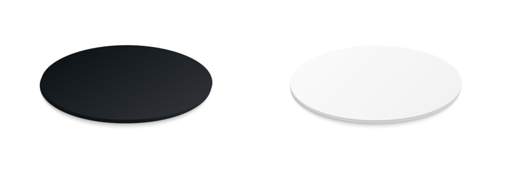 Circle beer coaster. Empty black and white mockup. Pprotection coaster for beer glasses, tea cups isolated on white background. Branding template vector illustration.