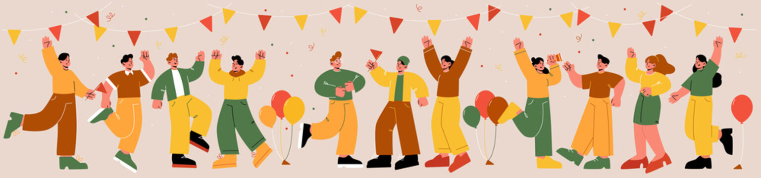 Happy people celebrate party. Group of cheerful men and women dance and rejoice on festive event with balloons and confetti. Business team corporate holiday, birthday Line art flat vector illustration