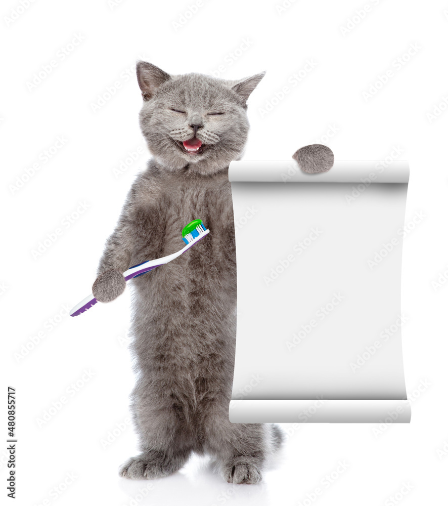 Aufkleber happy kitten holds toothbrush and shows empty list. isolated on white background