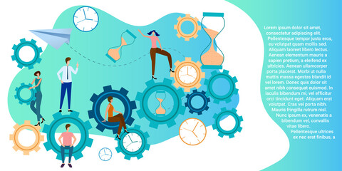 Teamwork.People with various gears and puzzles are engaged in office work.A business-style poster.Flat vector illustration.
