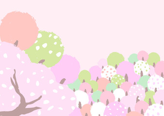 桜咲く山の風景　ほっこり、はんなりとしたやさしい色使いの背景イラスト