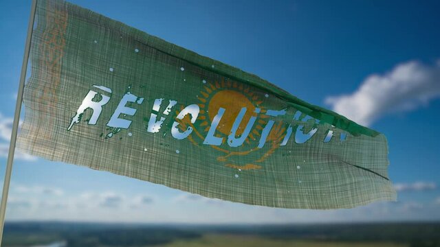 kazakhstan animated flag with the word revolution on a blue sky background. Kazakhstan coup. Change of power.