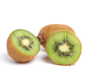 Cut kiwi on a white background, isolate.Delicious and healthy fruits.