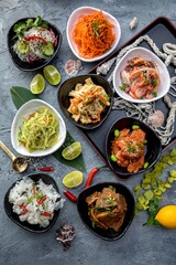 Assorted pan-Asian dishes. Fast food restaurant menu.