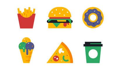 Fast food set. French fries, burger, donut, ice cream cone, slice of pizza, glass of coffee. Junk food, delicious eat. Vector illustration isolated on white background.
