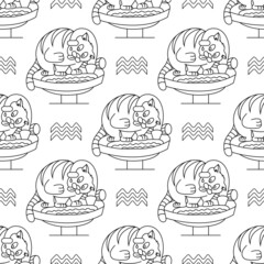 Aquarius zodiac sign in the form of cute cat seamless pattern. Line art on white background. Vector illustration