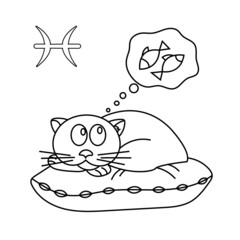 Pisces zodiac sign in the form of cute cat. Line art isolated on white background. Vector illustration