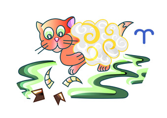 Aries zodiac sign as a funny cat isolated on white background. Vector illustration