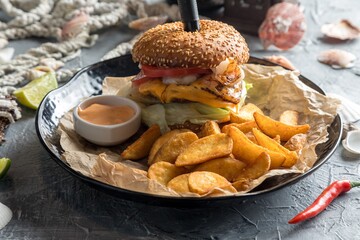 Pan-Asian-style burger with beef and shrimp.