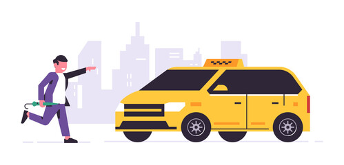 Online taxi ordering service. A driver in a yellow taxi, a passenger, transportation of people. Running businessman with umbrella, city, cab. Vector illustration isolated on background. © kostymo