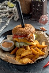 Pan-Asian-style burger with beef and shrimp.