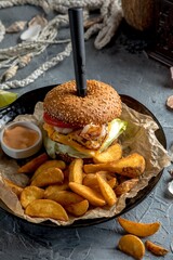 Pan-Asian-style burger with beef and shrimp.