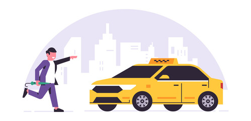 Online taxi ordering service. A driver in a yellow taxi, a passenger, transportation of people. Running businessman with umbrella, city, cab. Vector illustration isolated on background.