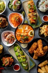 Assorted pan-Asian dishes. Fast food restaurant menu.