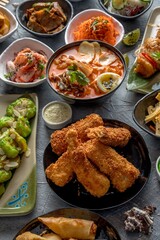 Assorted pan-Asian dishes. Fast food restaurant menu.