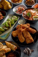 Assorted pan-Asian dishes. Fast food restaurant menu.