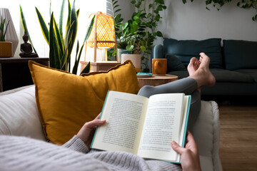 POV of young woman relaxing at home reading a book lying on sofa. - obrazy, fototapety, plakaty