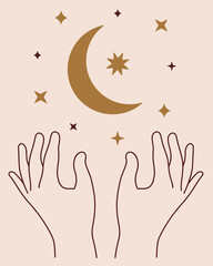 Moon and stars fly over two female hands. Vector icon symbol of astrology, astronomy, magic, space. Creation of the crescent and planets. Boho sign, clipart for decoration, cosmetics design, web © shamanistik_art