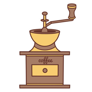 Antique manual coffee grinder vector icon. Hand drawn color illustration isolated on white background. Kitchen tool for grinding coffee beans. Metal utensil with wooden handle. Flat cartoon clipart