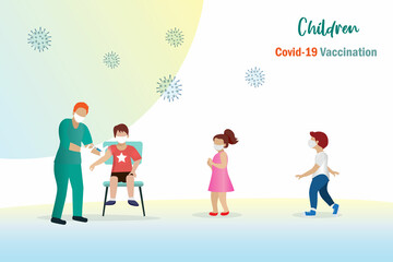 Covid19 vaccination for children, kids. children in school queuing for injecting Covid-19 vaccine by doctor. Covid-19 protection awareness for kid, children in school concept.