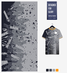 Soccer jersey pattern design.  Dot splatter pattern on gray background for soccer kit, football kit or sports uniform. T-shirt mockup template. Fabric pattern. Abstract background. 
