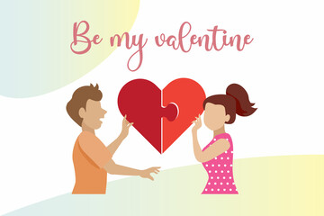 Happy Valentine's day, love and romantic, sweet relationship concept. Young couple connect jigsaw puzzle in heart shape together.