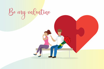 Happy Valentine's day, love and romantic, sweet relationship couple concept. Young man giving red roses to woman with jigsaw puzzle connecting in heart shape.