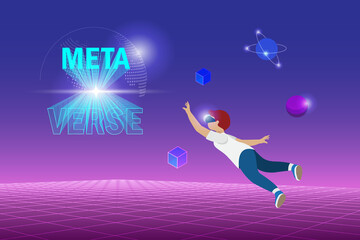 Obraz premium Metaverse gaming. Teenager wear VR goggle glass experience 3D virtual reality game in metaverse universe futuristic environment. Visualisation and simulation game technology concept.