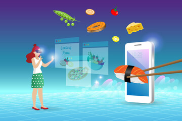 Metaverse in cooking food virtual reality environment. Woman wear VR goggle glass enjoy 3D experience cooking menu on smart phone metaverse screen device