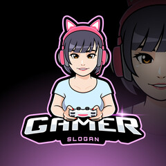 Cute gamer girl with headset esport mascot logo template for streamer or badge