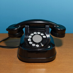 old telephone set on a wooden table, blue background. square format